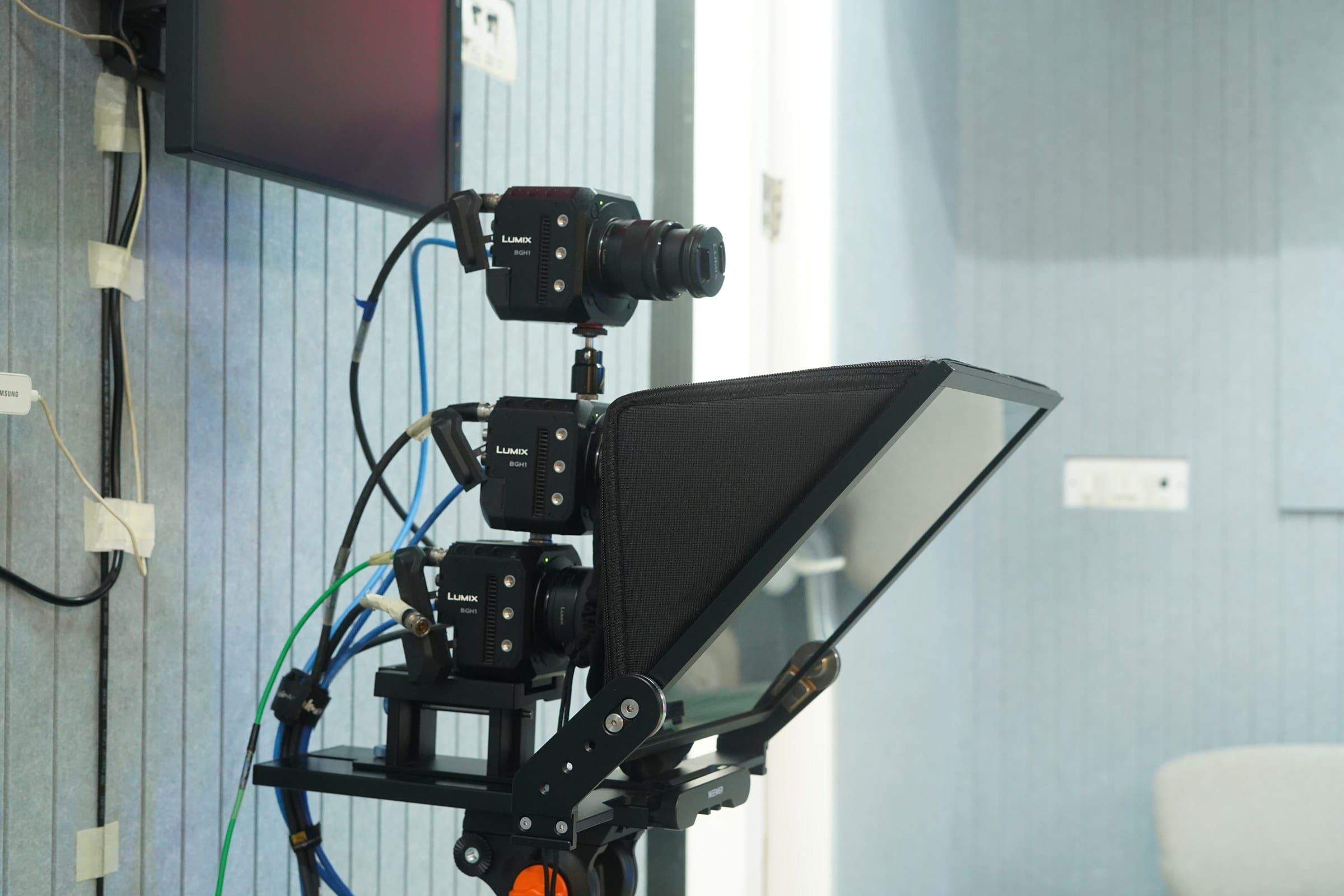 Three Panasonic BGH1 cameras on the teleprompter rig at The Circuit®