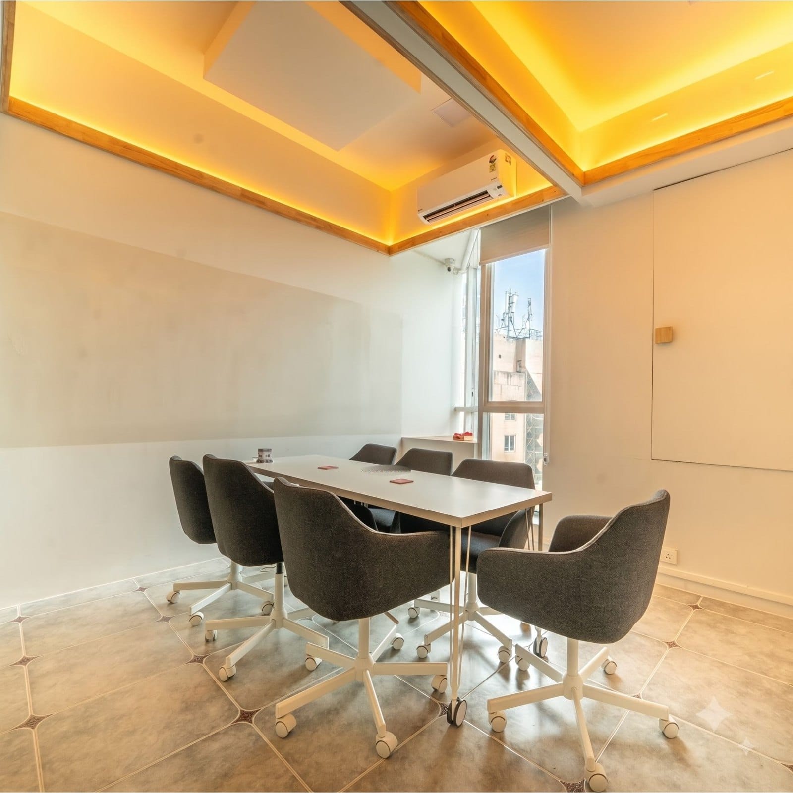Conference room with a long table for eight