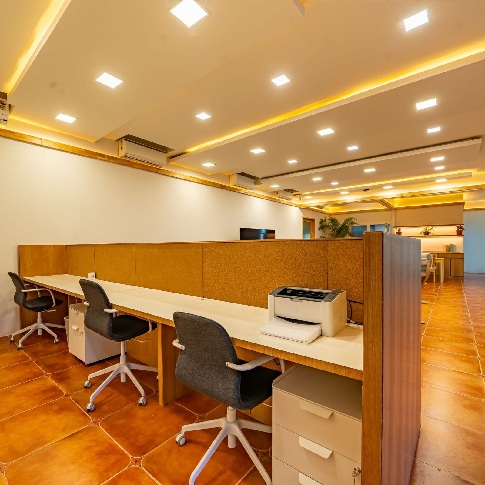 Production office desks with cork partitions