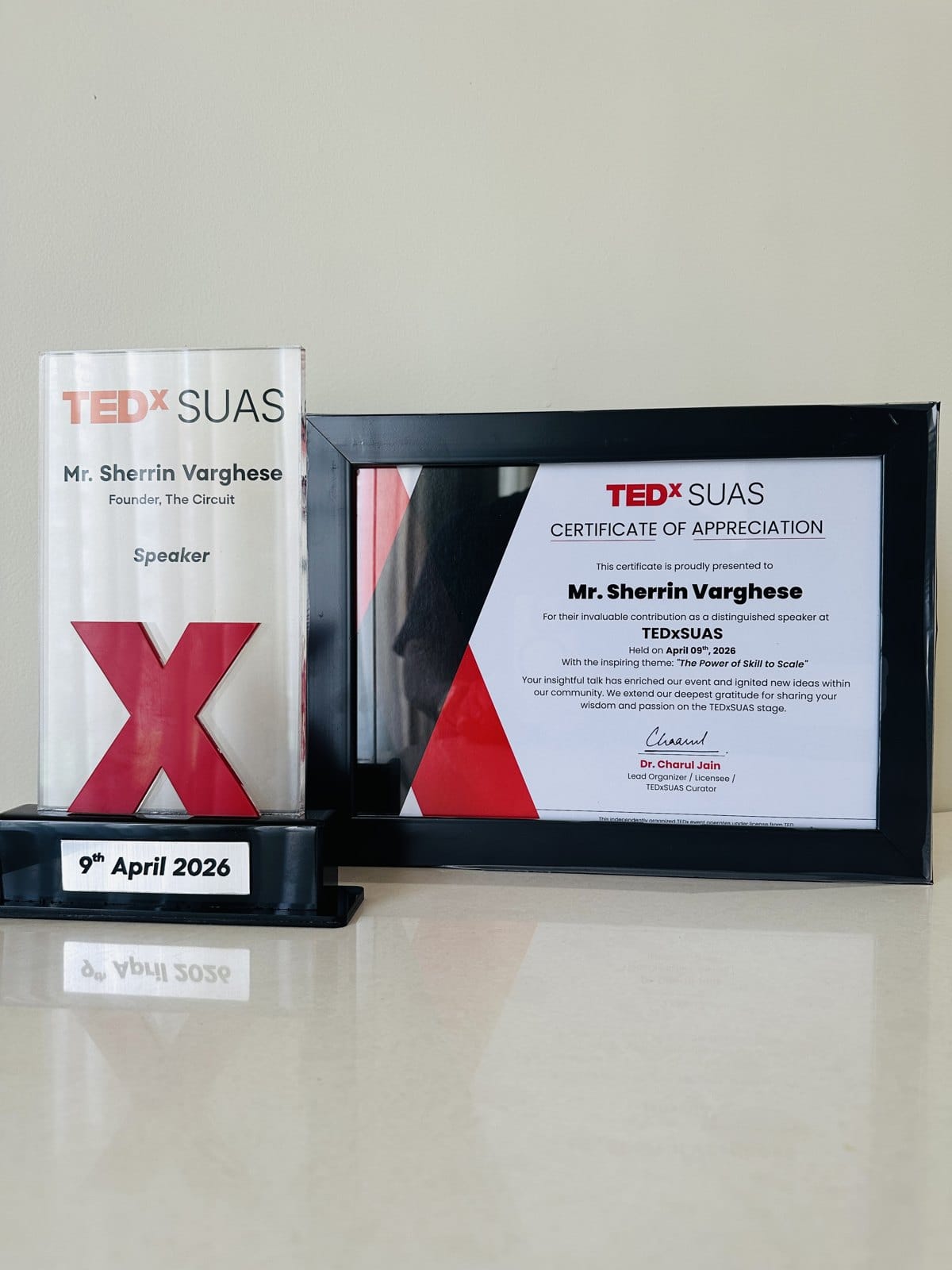 TEDxSUAS speaker plaque and certificate, 9 April 2026