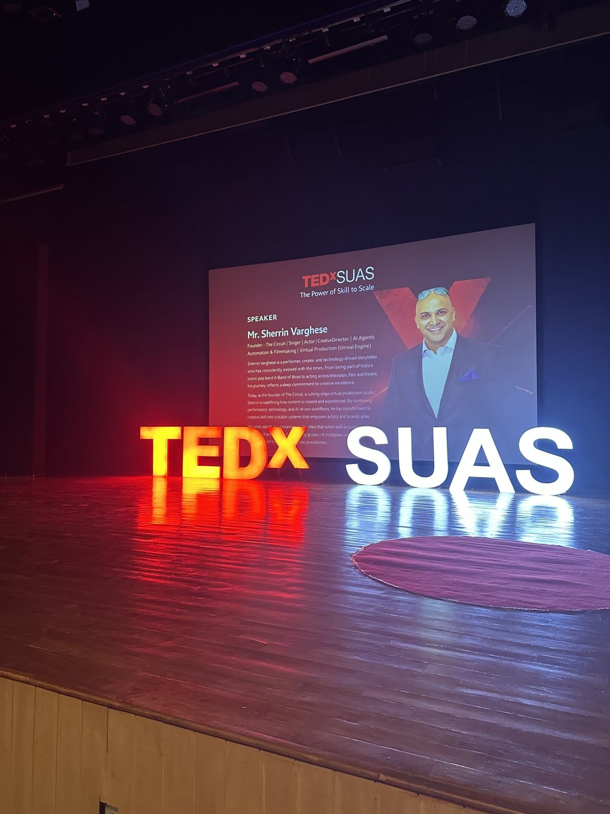 TEDxSUAS speaker slide: Mr Sherrin Varghese, founder, The Circuit
