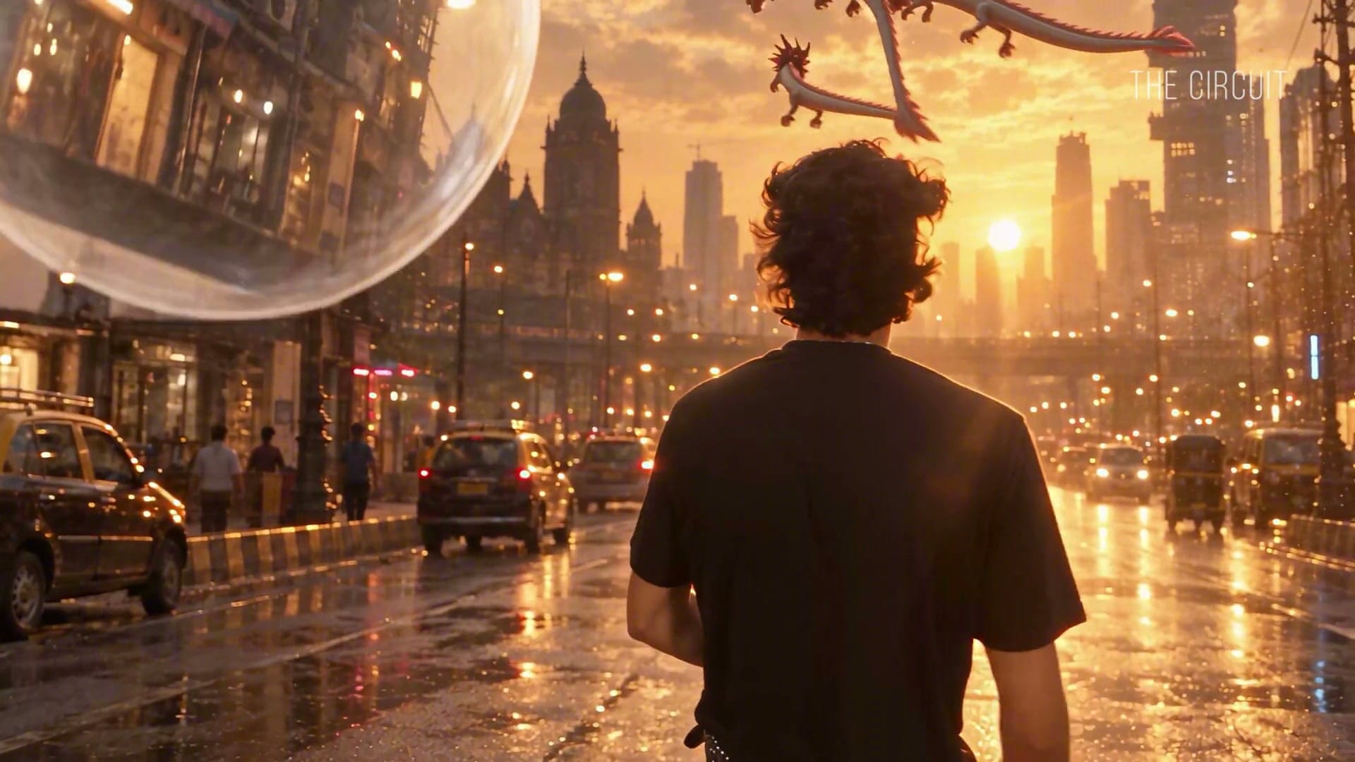 Performer on a rain-soaked Mumbai street with creatures overhead