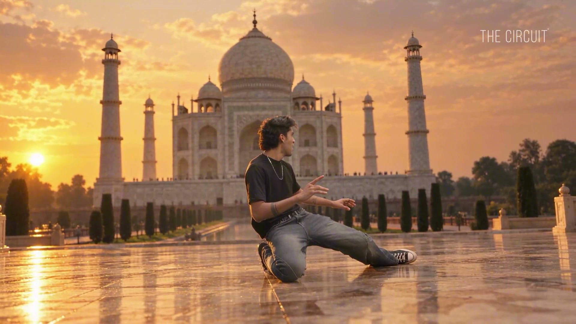 Performer at the Taj Mahal at sunrise, built in post from a chroma plate